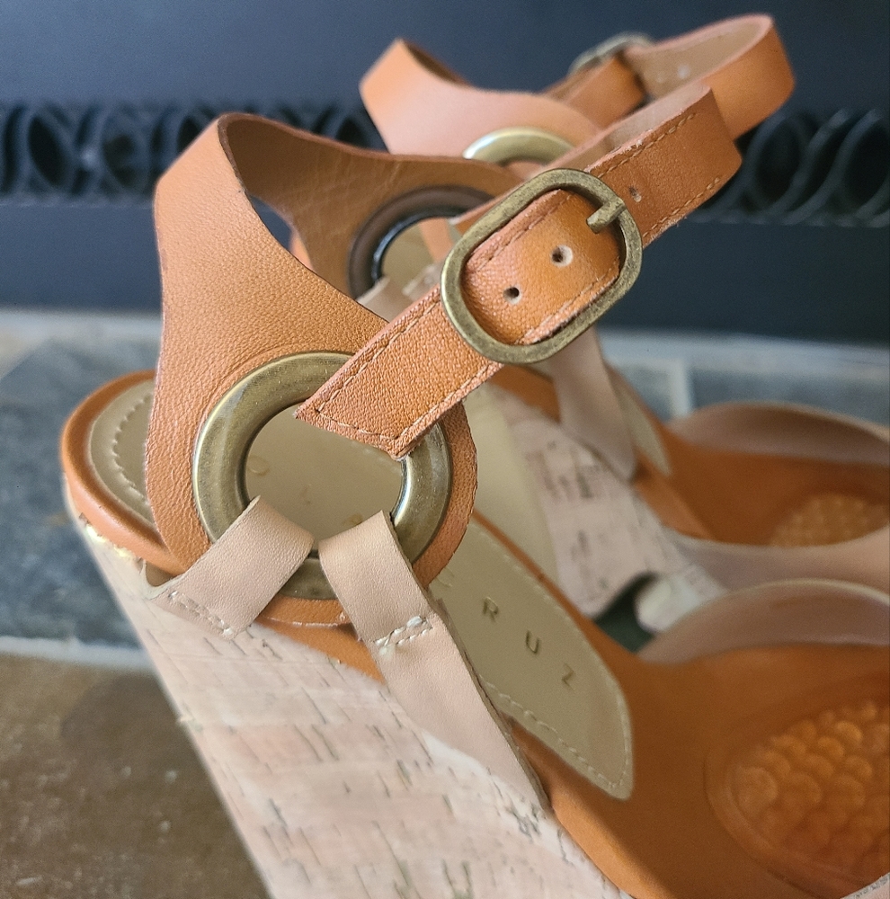Lola Cruz Brown Leather and Cork Strappy Peep Toe Wedge Heels Size 36/US sz 6 - Picture 10 of 10